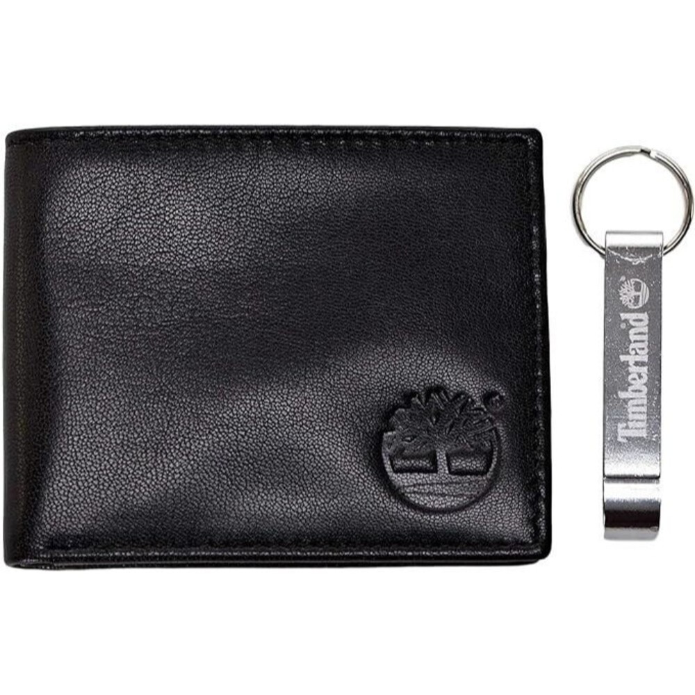 Timberland Men's Leather Bifold Wallet Bottle Opener Key FOB Black Billfold